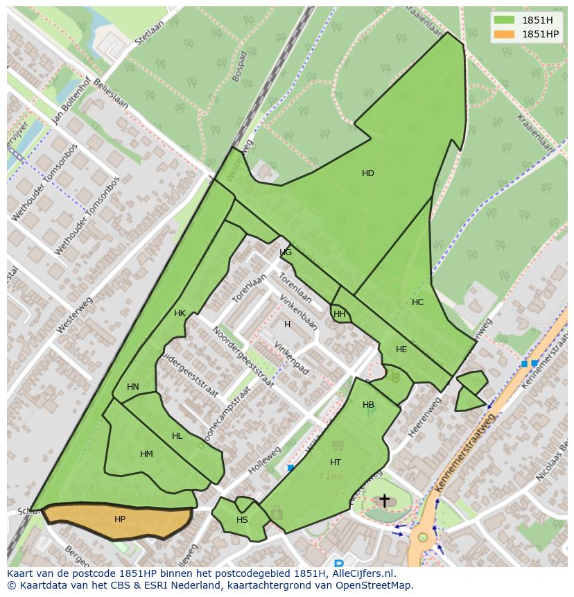 Afbeelding van het postcodegebied 1851 HP op de kaart.