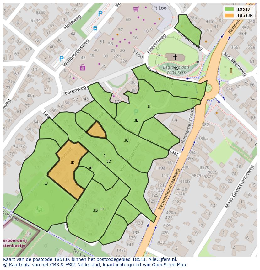 Afbeelding van het postcodegebied 1851 JK op de kaart.