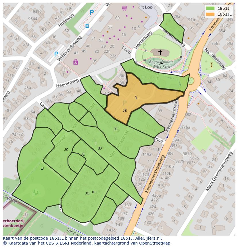Afbeelding van het postcodegebied 1851 JL op de kaart.