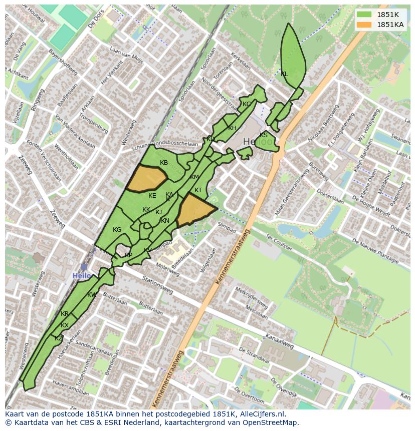 Afbeelding van het postcodegebied 1851 KA op de kaart.