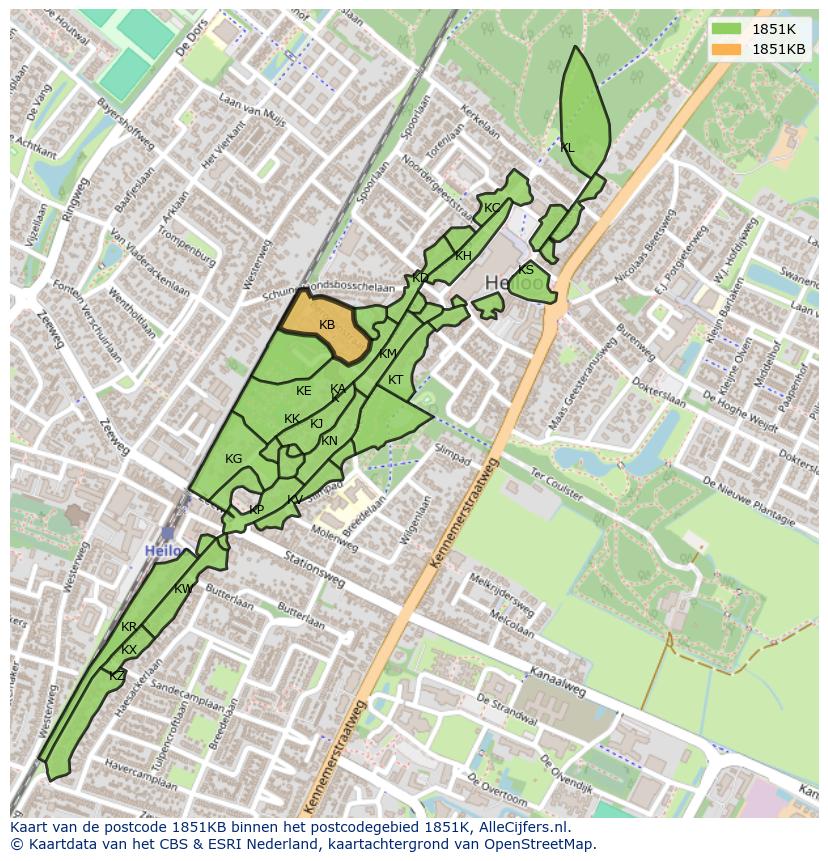 Afbeelding van het postcodegebied 1851 KB op de kaart.