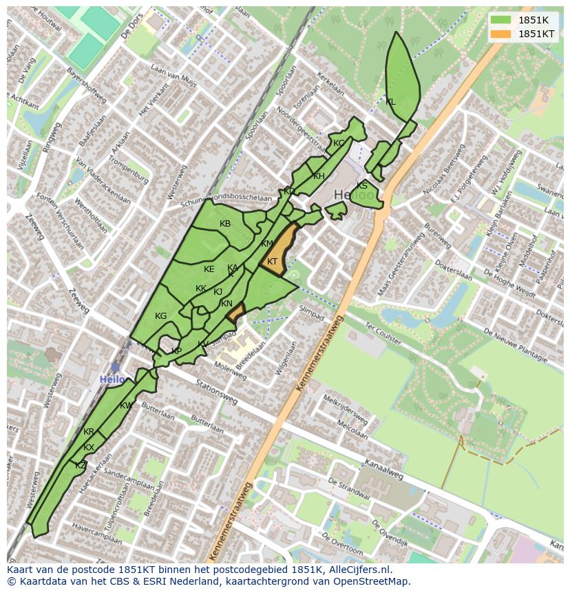Afbeelding van het postcodegebied 1851 KT op de kaart.