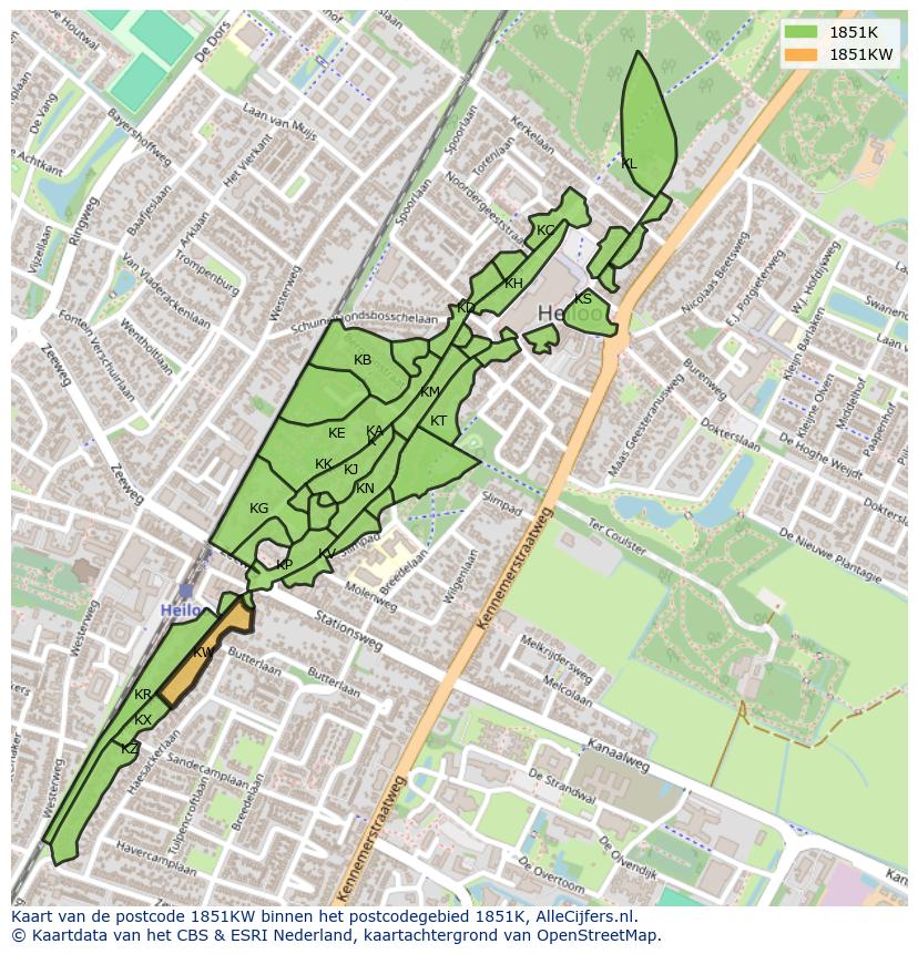 Afbeelding van het postcodegebied 1851 KW op de kaart.