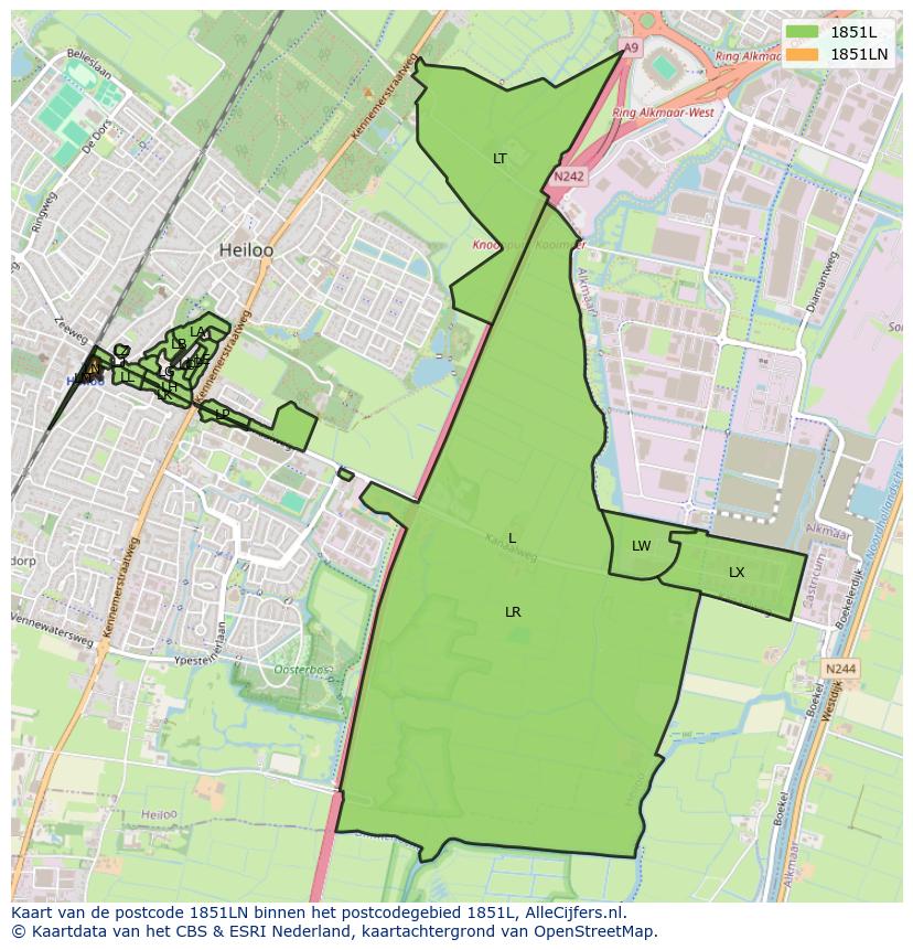 Afbeelding van het postcodegebied 1851 LN op de kaart.