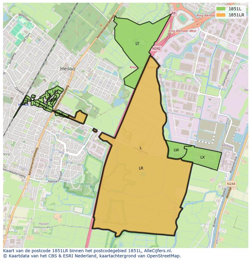 Afbeelding van het postcodegebied 1851 LR op de kaart.