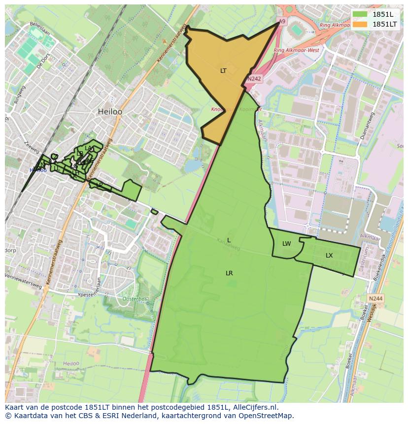 Afbeelding van het postcodegebied 1851 LT op de kaart.