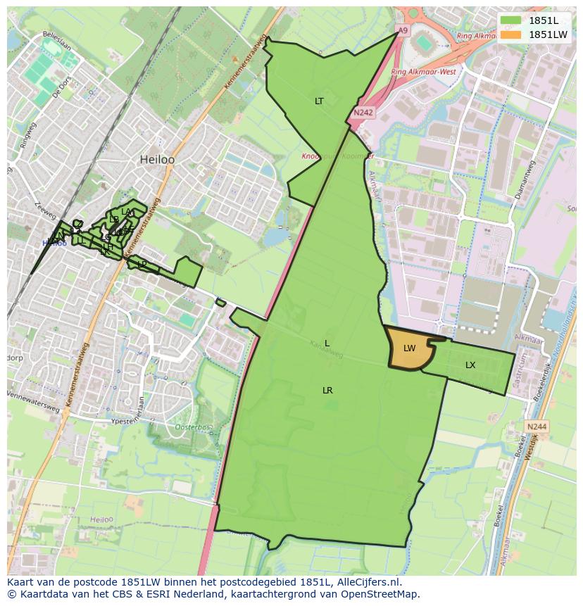 Afbeelding van het postcodegebied 1851 LW op de kaart.