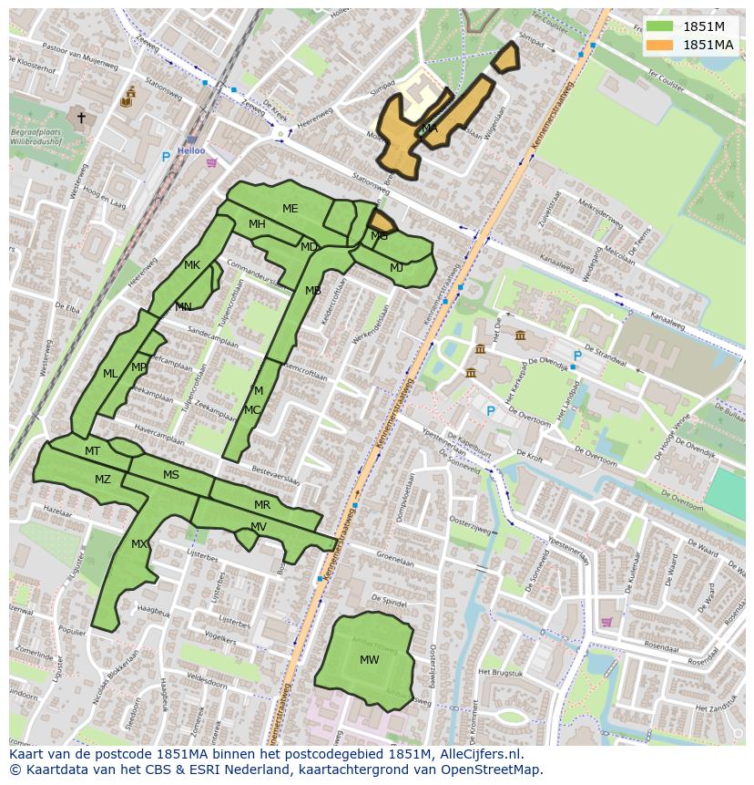 Afbeelding van het postcodegebied 1851 MA op de kaart.