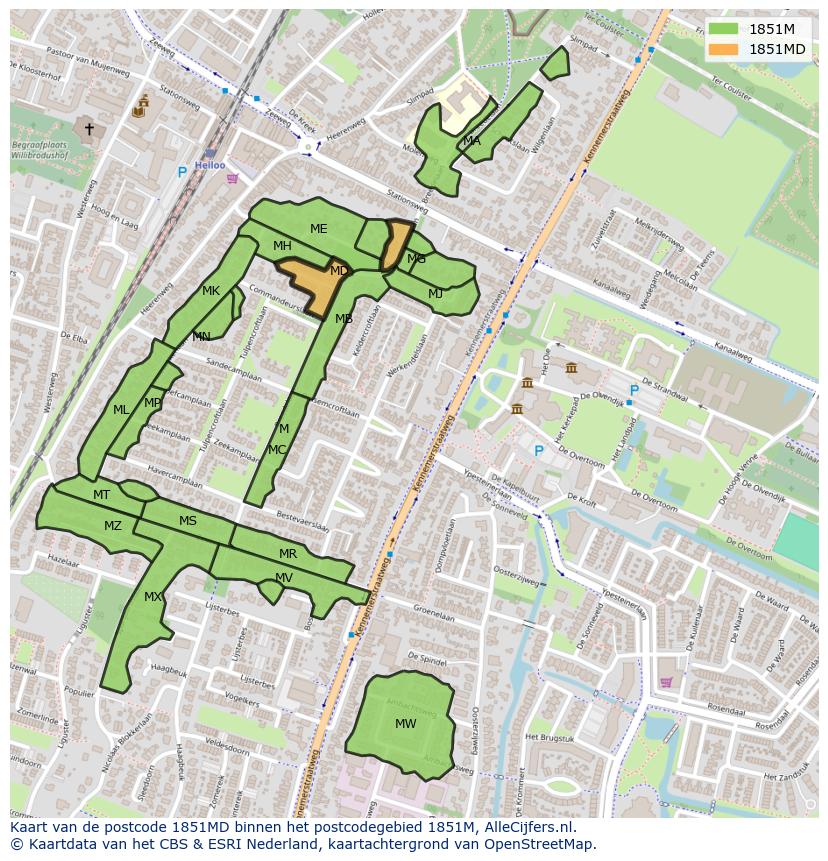 Afbeelding van het postcodegebied 1851 MD op de kaart.