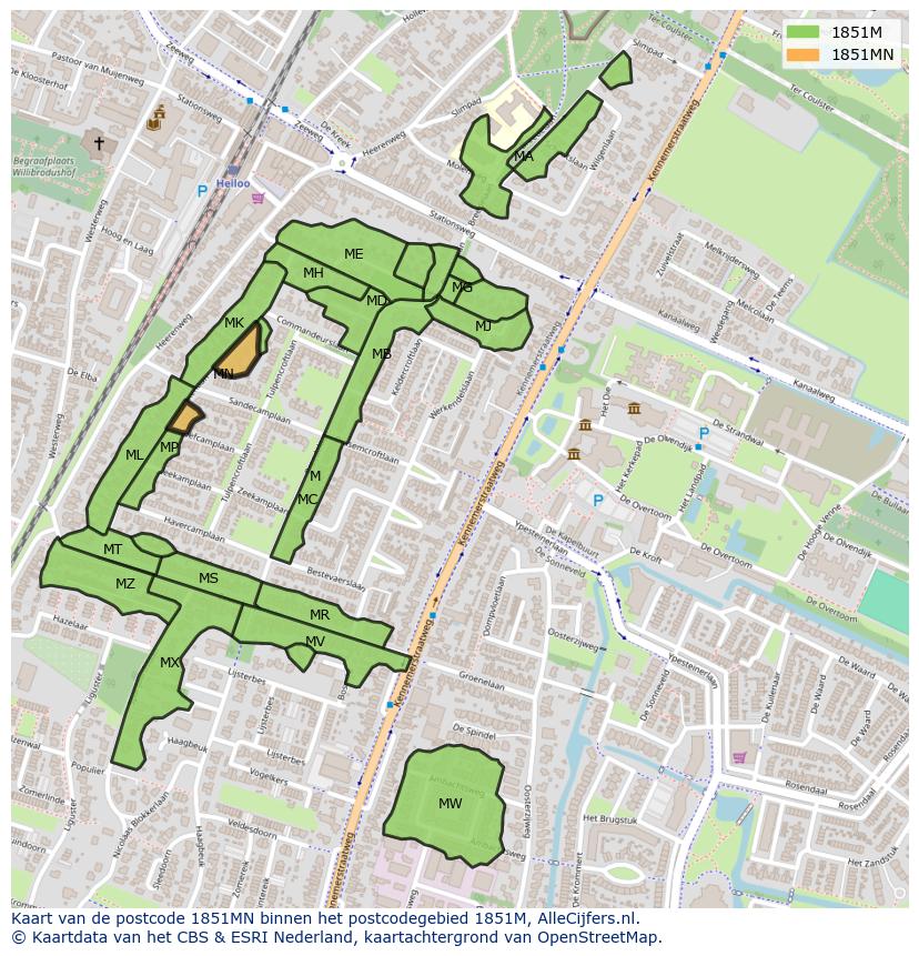 Afbeelding van het postcodegebied 1851 MN op de kaart.