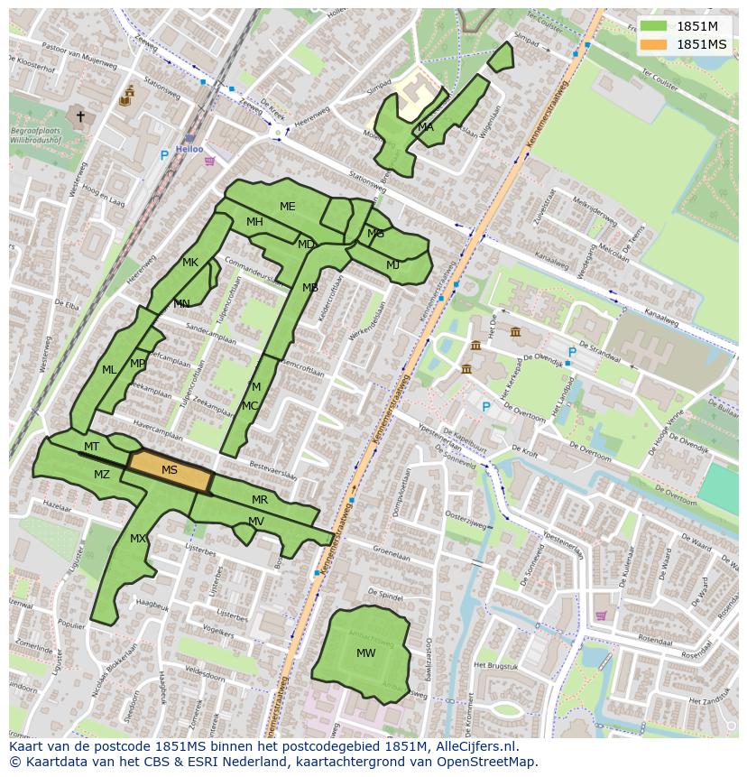 Afbeelding van het postcodegebied 1851 MS op de kaart.