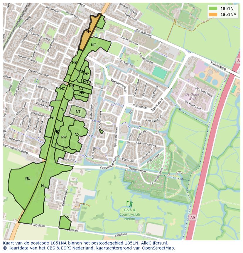 Afbeelding van het postcodegebied 1851 NA op de kaart.