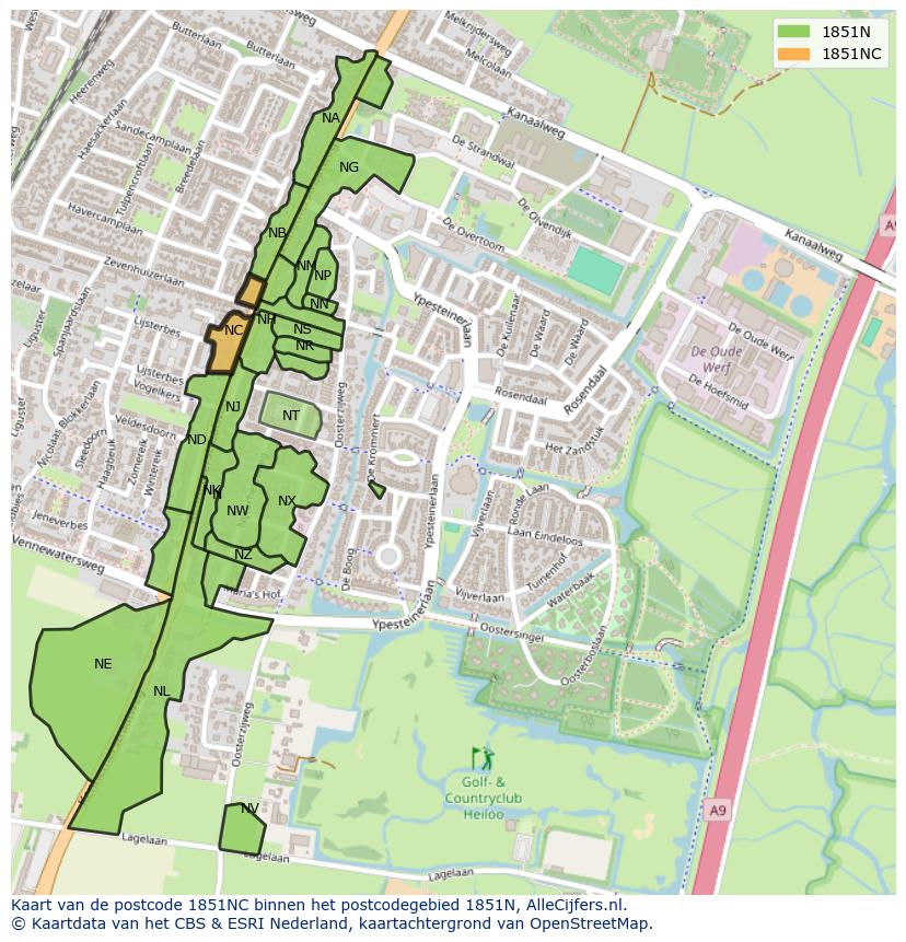 Afbeelding van het postcodegebied 1851 NC op de kaart.