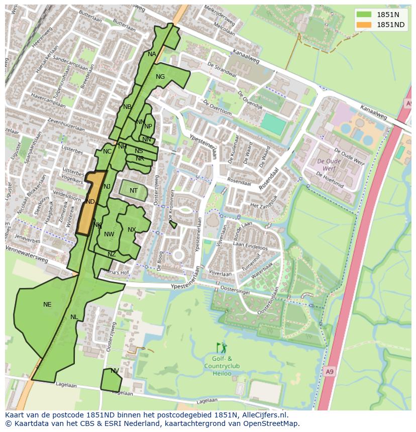 Afbeelding van het postcodegebied 1851 ND op de kaart.