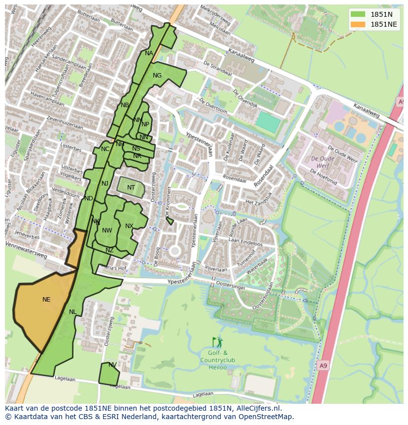 Afbeelding van het postcodegebied 1851 NE op de kaart.
