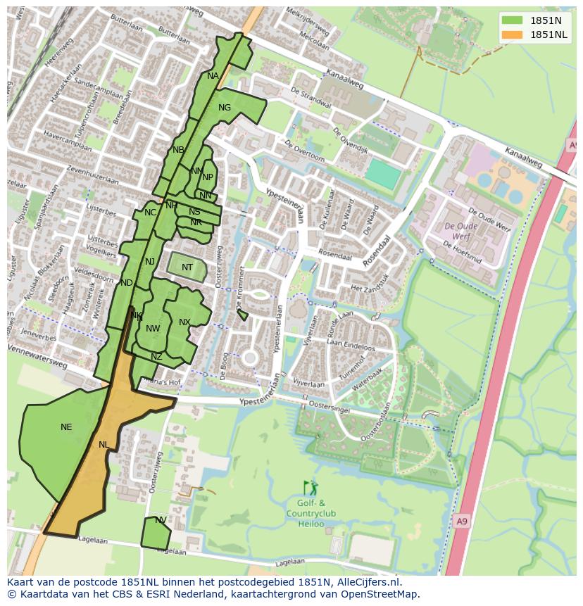Afbeelding van het postcodegebied 1851 NL op de kaart.