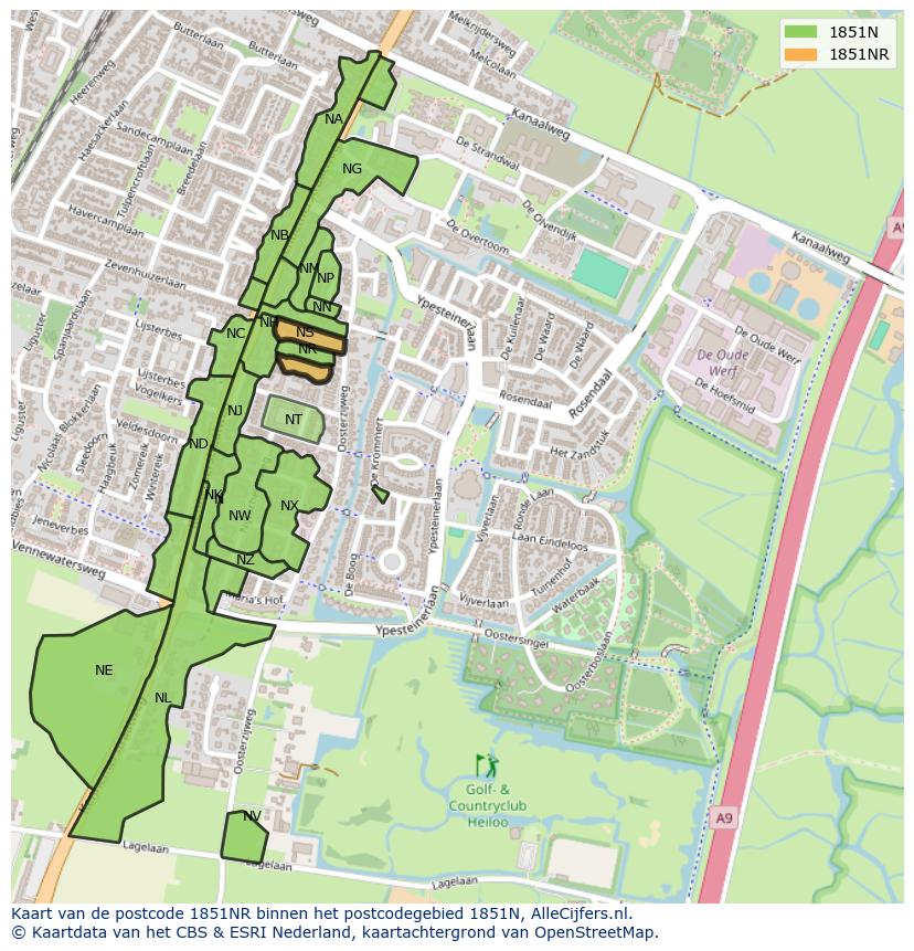 Afbeelding van het postcodegebied 1851 NR op de kaart.