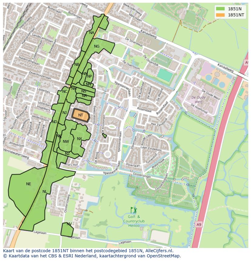 Afbeelding van het postcodegebied 1851 NT op de kaart.