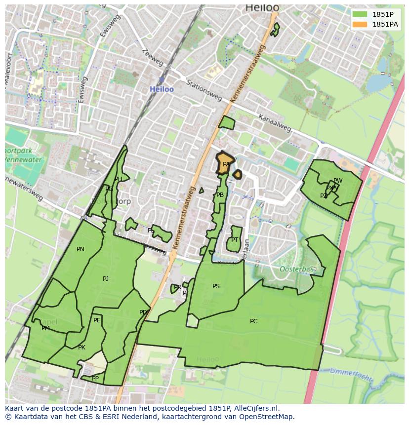 Afbeelding van het postcodegebied 1851 PA op de kaart.
