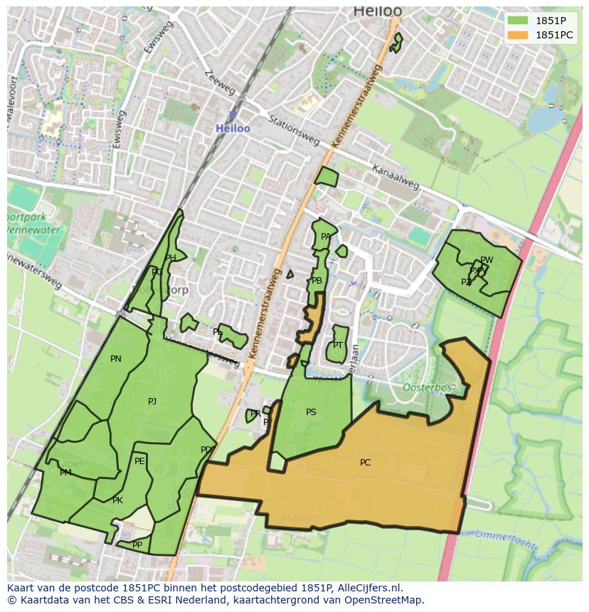 Afbeelding van het postcodegebied 1851 PC op de kaart.
