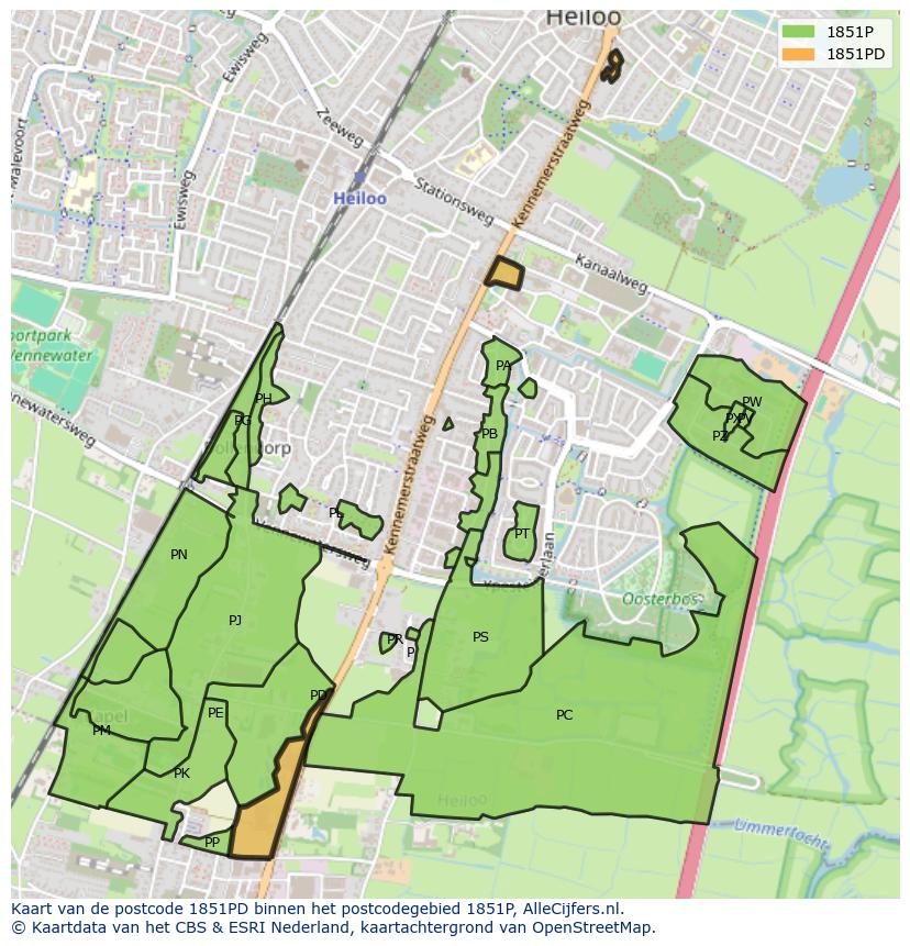 Afbeelding van het postcodegebied 1851 PD op de kaart.