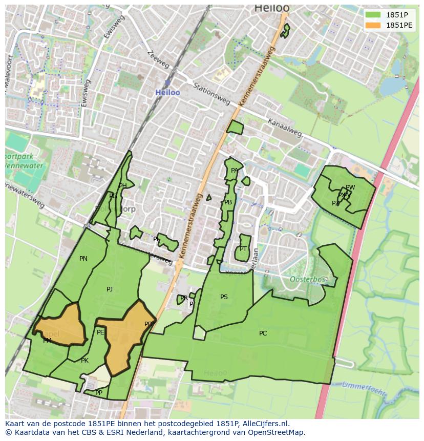 Afbeelding van het postcodegebied 1851 PE op de kaart.