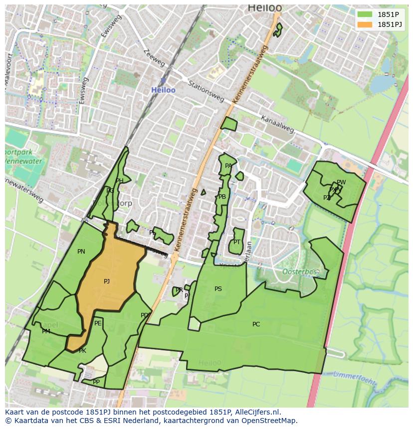 Afbeelding van het postcodegebied 1851 PJ op de kaart.