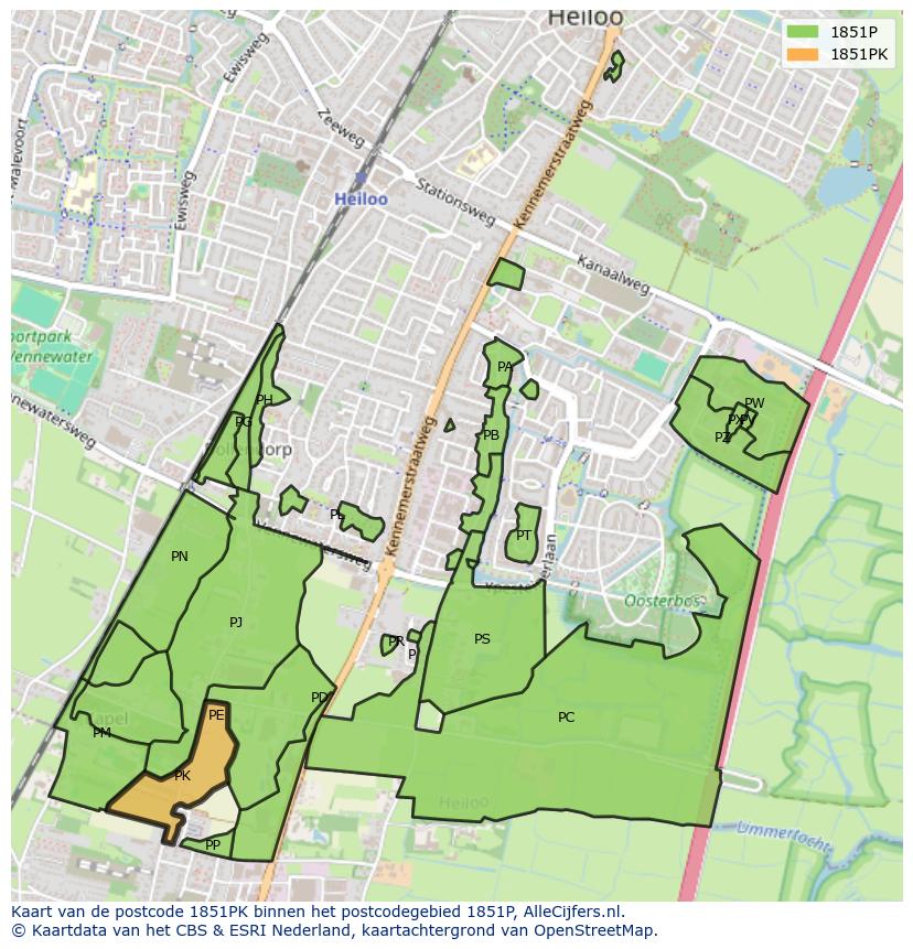 Afbeelding van het postcodegebied 1851 PK op de kaart.