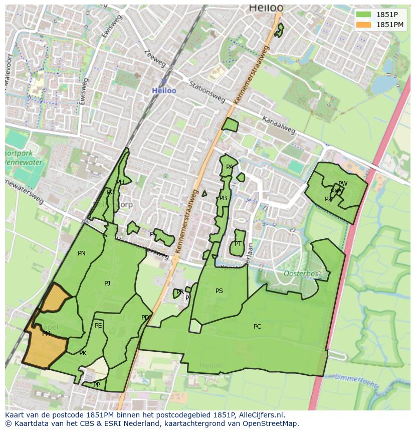 Afbeelding van het postcodegebied 1851 PM op de kaart.