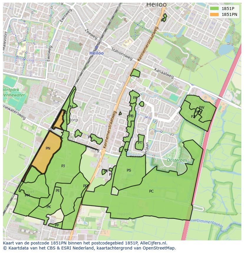 Afbeelding van het postcodegebied 1851 PN op de kaart.