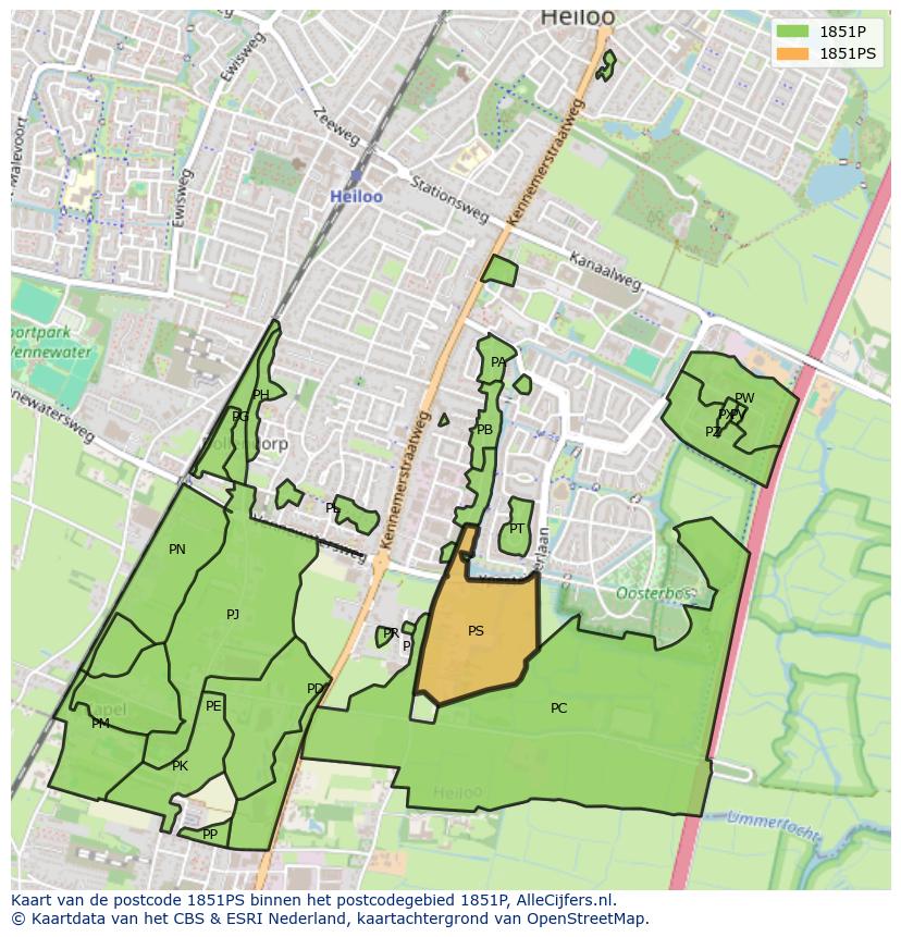 Afbeelding van het postcodegebied 1851 PS op de kaart.