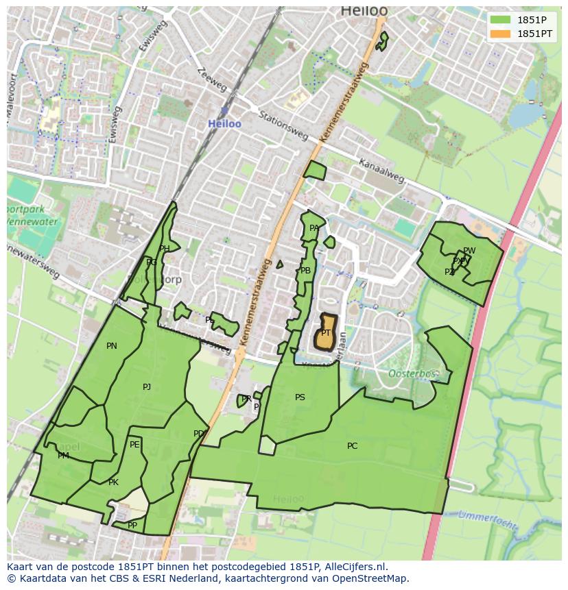 Afbeelding van het postcodegebied 1851 PT op de kaart.