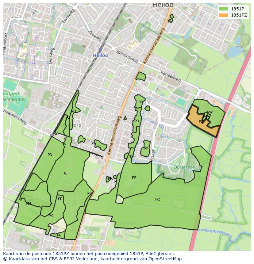 Afbeelding van het postcodegebied 1851 PZ op de kaart.