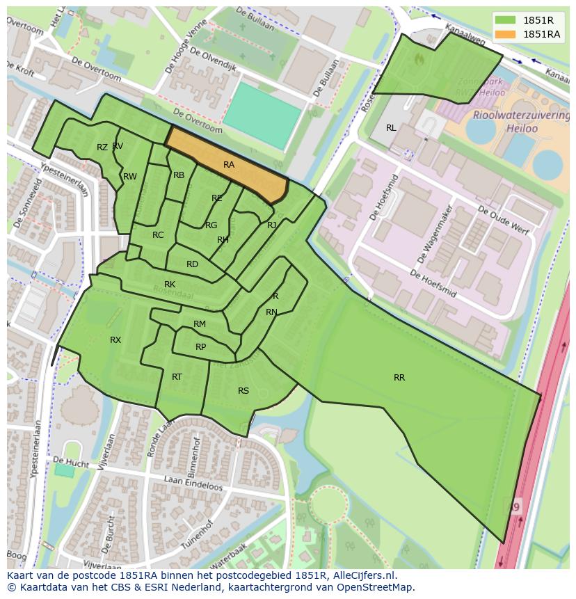 Afbeelding van het postcodegebied 1851 RA op de kaart.