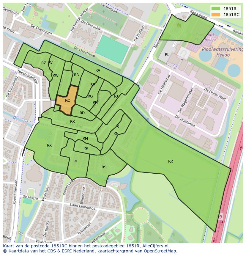 Afbeelding van het postcodegebied 1851 RC op de kaart.