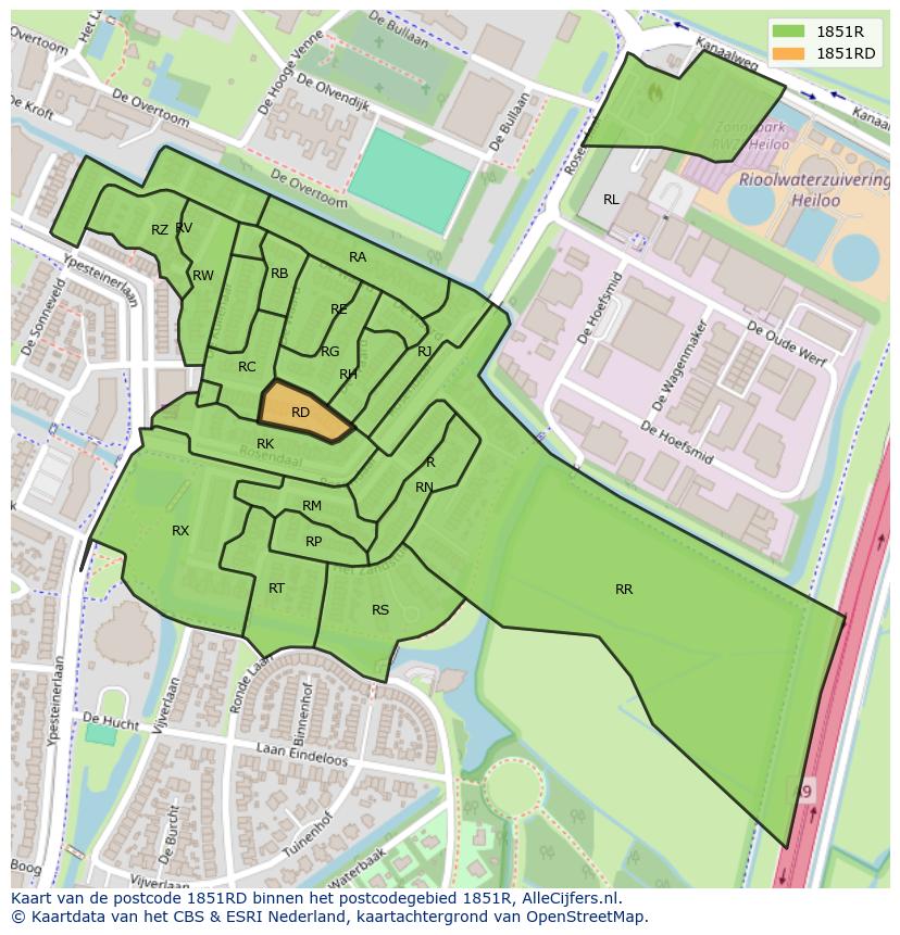 Afbeelding van het postcodegebied 1851 RD op de kaart.