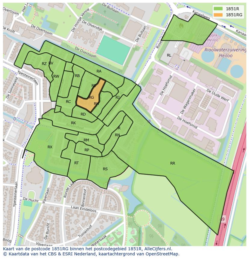 Afbeelding van het postcodegebied 1851 RG op de kaart.