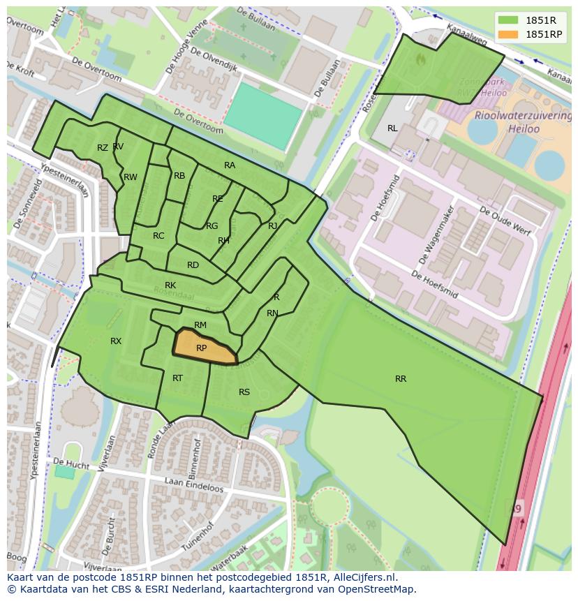 Afbeelding van het postcodegebied 1851 RP op de kaart.