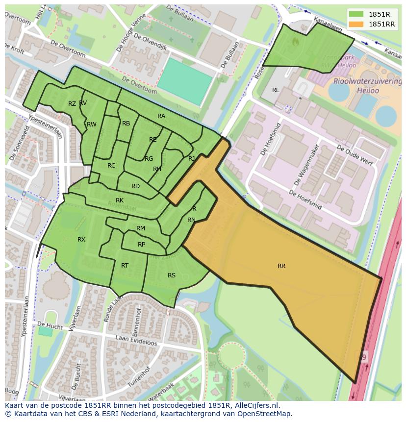 Afbeelding van het postcodegebied 1851 RR op de kaart.