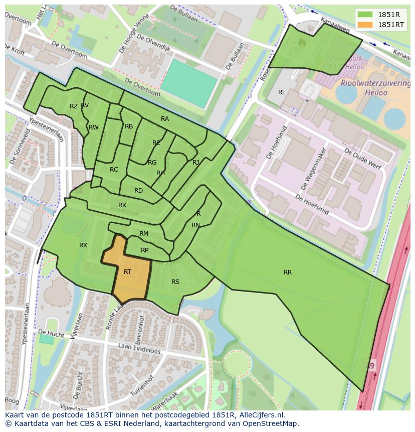 Afbeelding van het postcodegebied 1851 RT op de kaart.