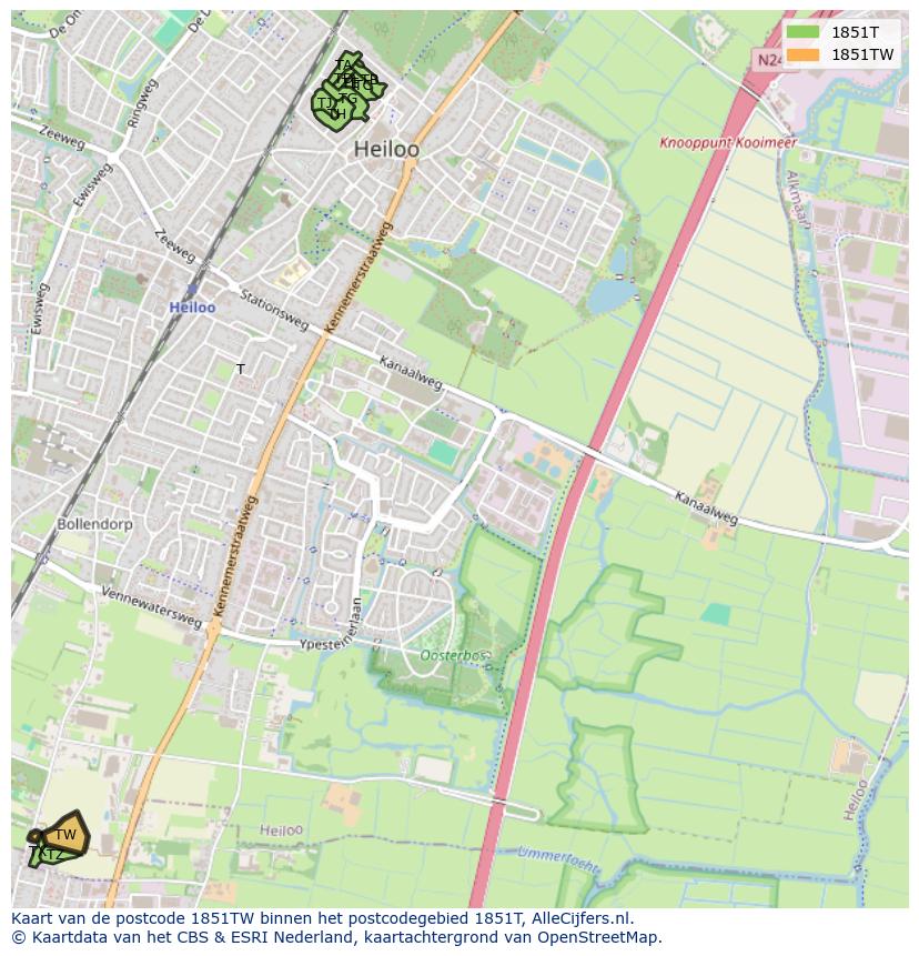 Afbeelding van het postcodegebied 1851 TW op de kaart.