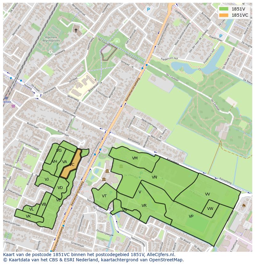 Afbeelding van het postcodegebied 1851 VC op de kaart.