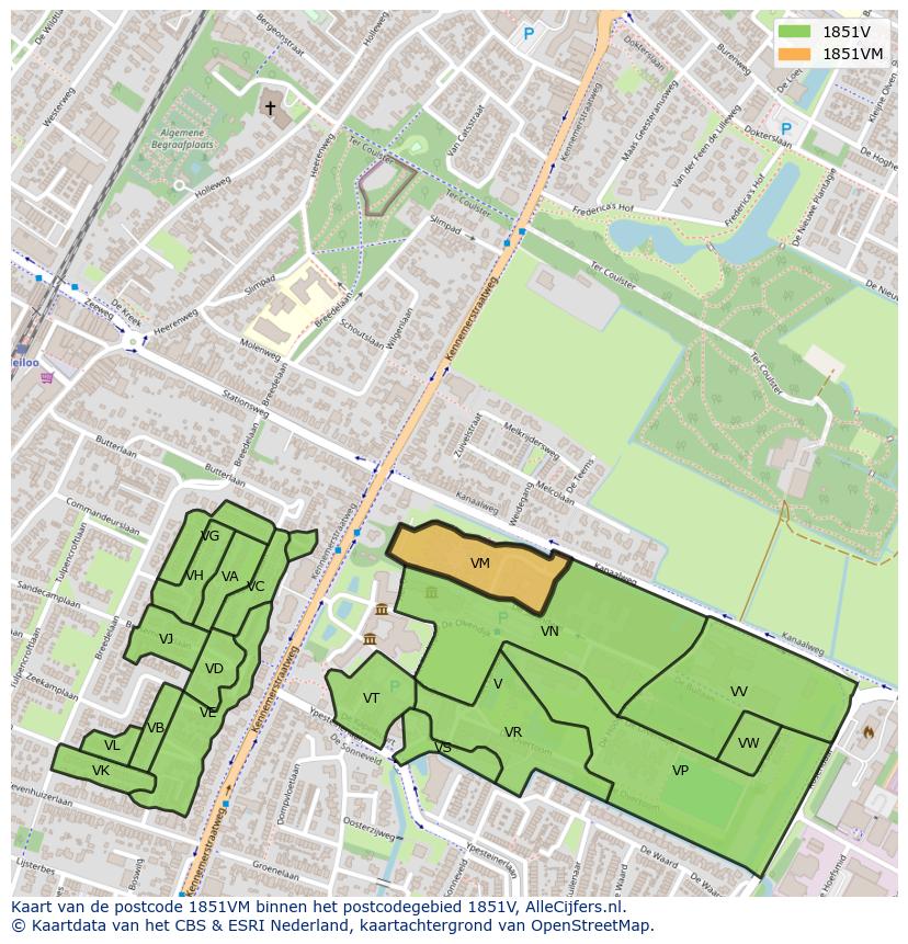 Afbeelding van het postcodegebied 1851 VM op de kaart.