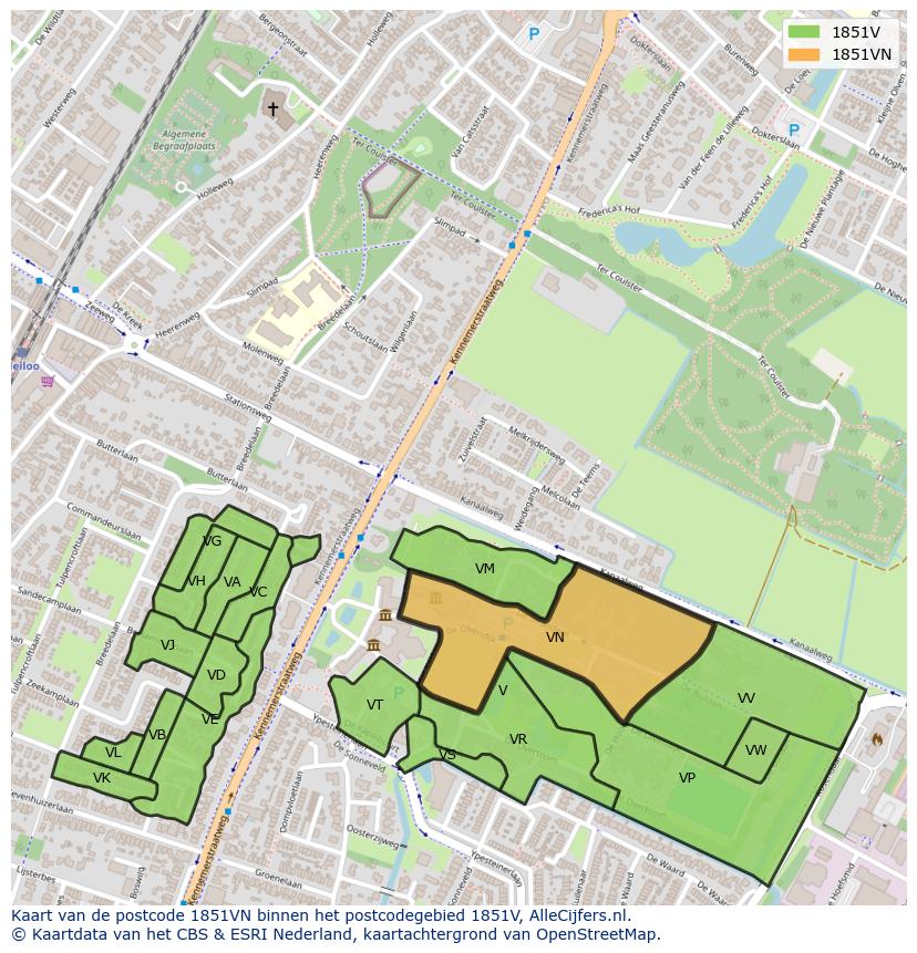 Afbeelding van het postcodegebied 1851 VN op de kaart.