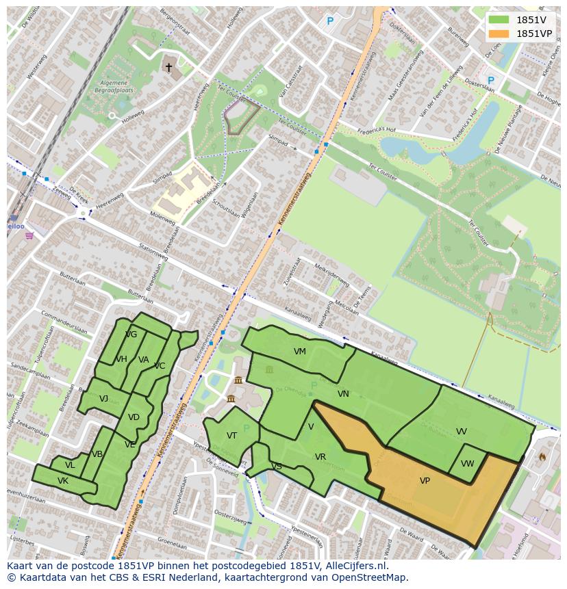 Afbeelding van het postcodegebied 1851 VP op de kaart.