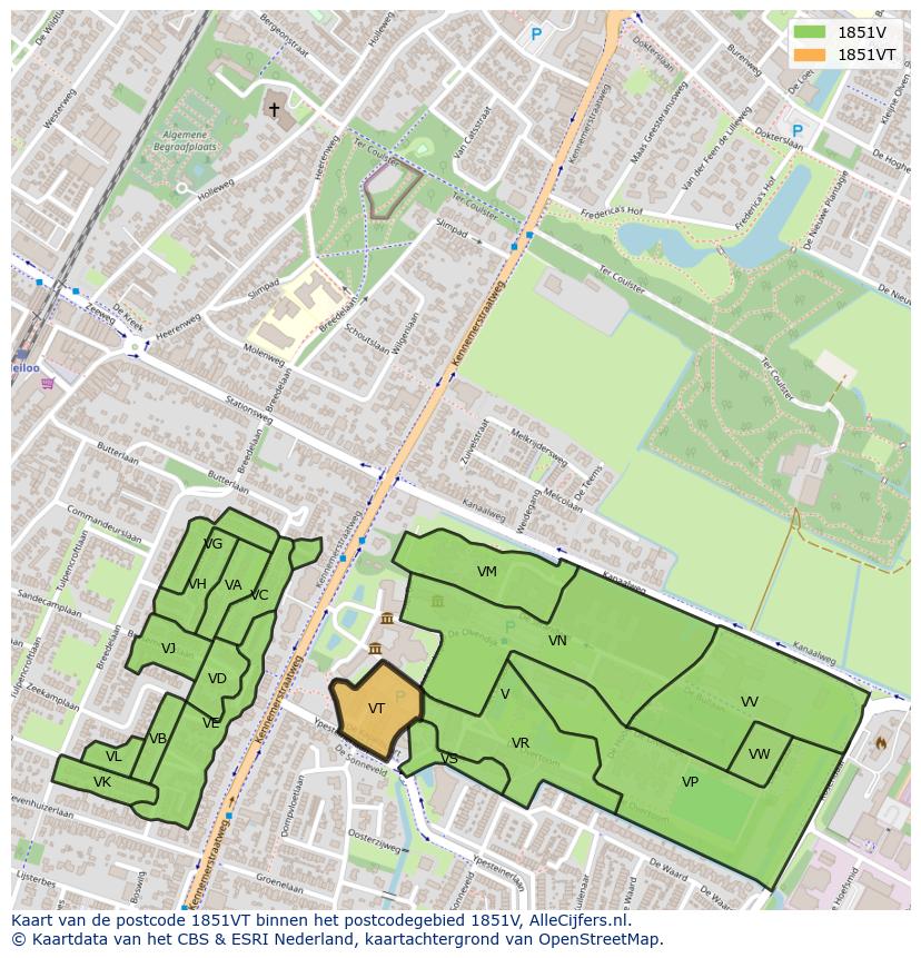Afbeelding van het postcodegebied 1851 VT op de kaart.