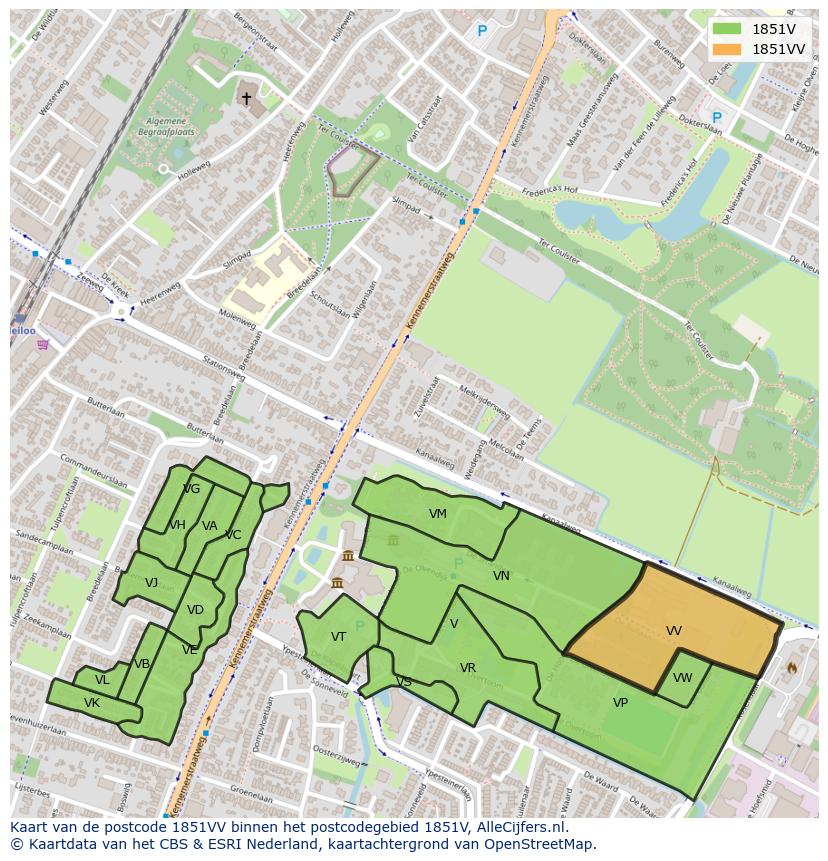 Afbeelding van het postcodegebied 1851 VV op de kaart.
