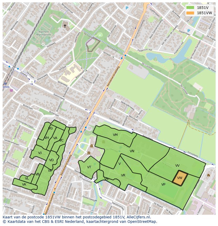 Afbeelding van het postcodegebied 1851 VW op de kaart.