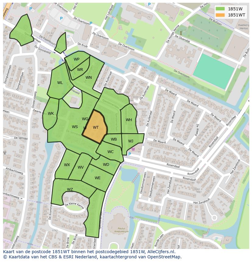 Afbeelding van het postcodegebied 1851 WT op de kaart.