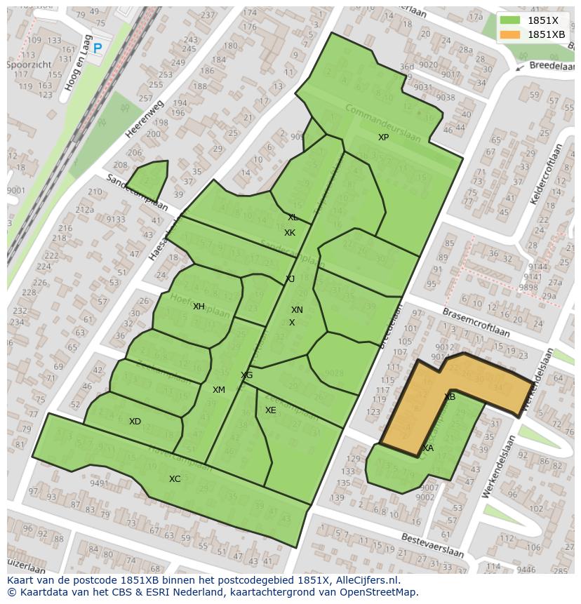 Afbeelding van het postcodegebied 1851 XB op de kaart.